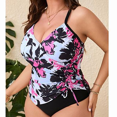 Women’s Plus Size Floral Print Tankini Top V Neck Ruched Tummy Control Bathing Suit Top