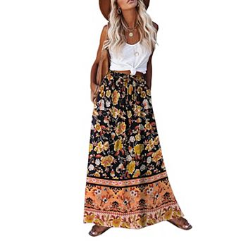 Zeagoo Women's Pleated A Line Midi Boho Skirts Floral Ethnic High Waist Beach Hawaiian Skirts