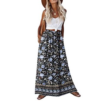 Zeagoo Women's Pleated A Line Midi Boho Skirts Floral Ethnic High Waist Beach Hawaiian Skirts