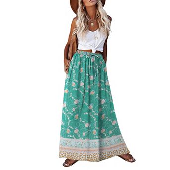 Zeagoo Women's Pleated A Line Midi Boho Skirts Floral Ethnic High Waist Beach Hawaiian Skirts