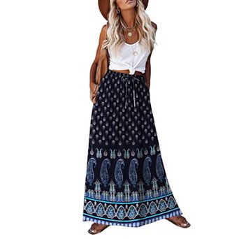 Zeagoo Women's Pleated A Line Midi Boho Skirts Floral Ethnic High Waist Beach Hawaiian Skirts