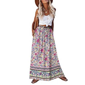 Zeagoo Women's Pleated A Line Midi Boho Skirts Floral Ethnic High Waist Beach Hawaiian Skirts