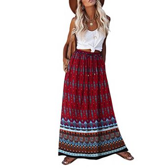 Zeagoo Women's Pleated A Line Midi Boho Skirts Floral Ethnic High Waist Beach Hawaiian Skirts