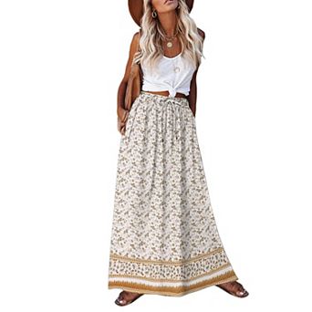 Zeagoo Women's Pleated A Line Midi Boho Skirts Floral Ethnic High Waist Beach Hawaiian Skirts