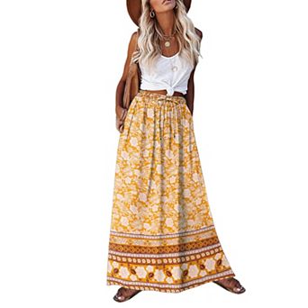 Zeagoo Women's Pleated A Line Midi Boho Skirts Floral Ethnic High Waist Beach Hawaiian Skirts