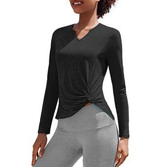 PINSPARK Women's Long Sleeve V Neck Twist Front Workout Top Hiking Yoga Running Casual Shirt