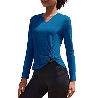 PINSPARK Women's Long Sleeve V Neck Twist Front Workout Top Hiking Yoga Running Casual Shirt