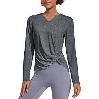 PINSPARK Women's Long Sleeve V Neck Twist Front Workout Top Hiking Yoga Running Casual Shirt