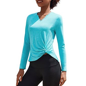 PINSPARK Women's Long Sleeve V Neck Twist Front Workout Top Hiking Yoga Running Casual Shirt