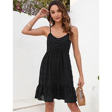 Women's Spaghetti Strap V-Neck Mini Dress, Swiss Dot Tiered Ruffle Dress with Button Front