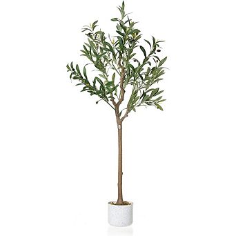4ft Faux Olive Tree with White Planter, Realistic Leaves & Fruits
