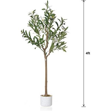 4ft Faux Olive Tree with White Planter, Realistic Leaves & Fruits