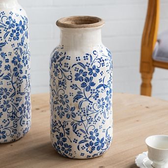 5.7x12.5" Blue and White Ceramic Accent Vase with Traditional Floral Motifs