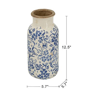 5.7x12.5" Blue and White Ceramic Accent Vase with Traditional Floral Motifs