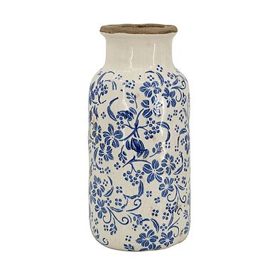 5.7x12.5" Blue and White Ceramic Accent Vase with Traditional Floral Motifs