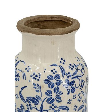 5.7x12.5" Blue and White Ceramic Accent Vase with Traditional Floral Motifs