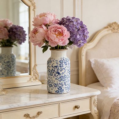 5.7x12.5" Blue and White Ceramic Accent Vase with Traditional Floral Motifs