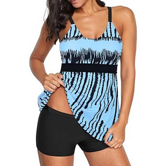 Women's Two Piece Swimsuit Set Sleeveless Striped Print Top with High Waist Adjustable Straps