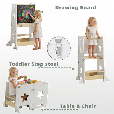 Heybly 3-in-1 Kids Kitchen Step Stool Helper with Blackboard, Convertible Table and Chair