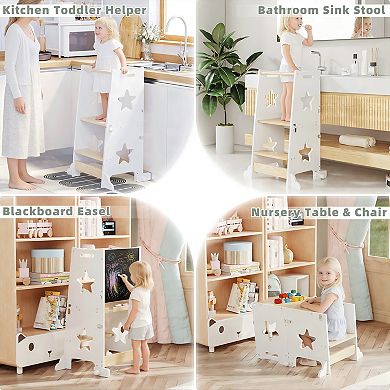 Heybly 3-in-1 Kids Kitchen Step Stool Helper with Blackboard, Convertible Table and Chair