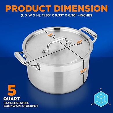 NutriChef 5 Qt Stainless Steel Stockpot Lid Included, Induction & Gas Compatible