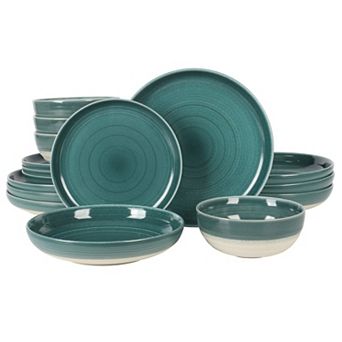 Gibson Elite Clarina 16 pc Double Bowl Stoneware Reactive Glaze Round Dinnerware Set - Teal