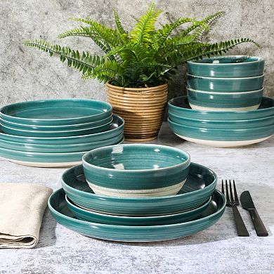 Gibson Elite Clarina 16 Piece Double Bowl Stoneware Reactive Glaze Round Dinnerware Set - Teal