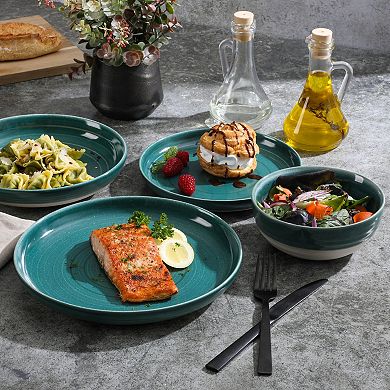 Gibson Elite Clarina 16 Piece Double Bowl Stoneware Reactive Glaze Round Dinnerware Set - Teal