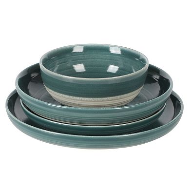 Gibson Elite Clarina 16 Piece Double Bowl Stoneware Reactive Glaze Round Dinnerware Set - Teal