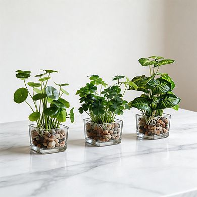 Mini Artificial Plants with Clear Glass Pots