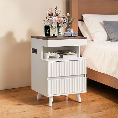 Heybly Nightstand with Charging Station, Bedside Table with 2 Drawers, Solid Wood Side Table