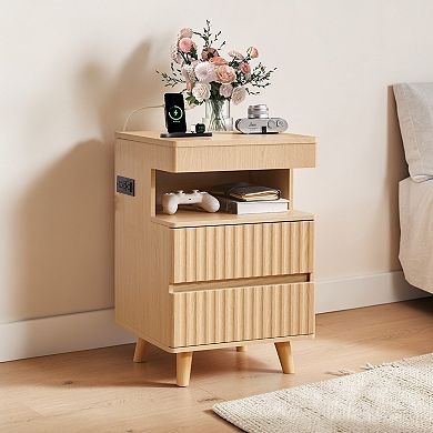 Heybly Nightstand with Charging Station, Bedside Table with 2 Drawers, Solid Wood Side Table