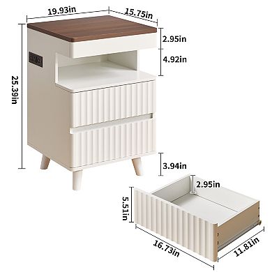 Heybly Nightstand with Charging Station, Bedside Table with 2 Drawers, Solid Wood Side Table