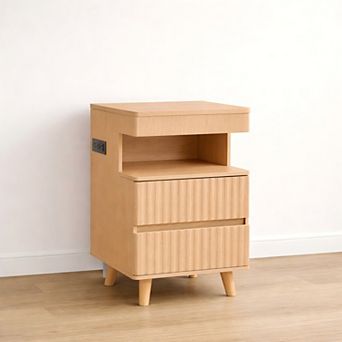Heybly Nightstand with Charging Station, Bedside Table with 2 Drawers, Solid Wood Side Table