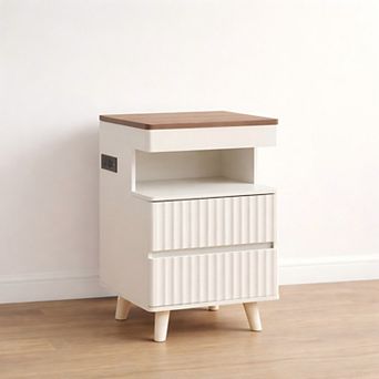Heybly Nightstand with Charging Station, Bedside Table with 2 Drawers, Solid Wood Side Table
