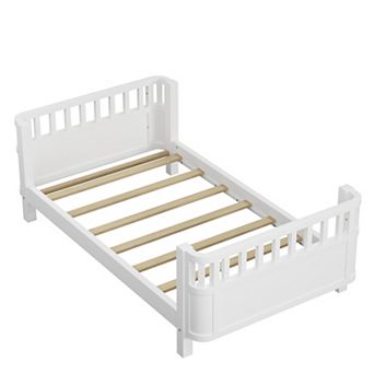 Heybly Twin Size Wood Platform Bed for Kids with Guardrails with Removable Side Rail
