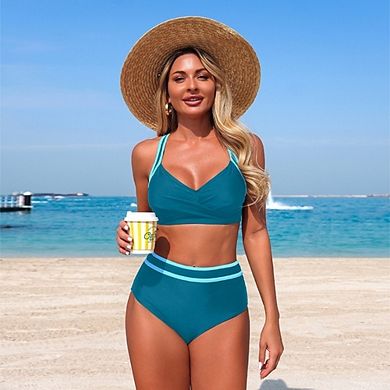 Women's High Waist Two Piece Bikini Set Twist Front Causal Color Block Strap Swimsuit