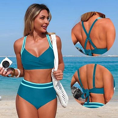 Women's High Waist Two Piece Bikini Set Twist Front Causal Color Block Strap Swimsuit