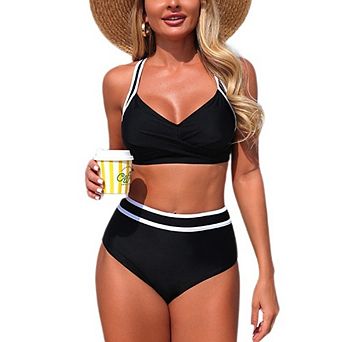 Women's High Waist Two Piece Bikini Set Twist Front Causal Color Block Strap Swimsuit