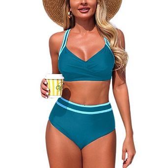 Women's High Waist Two Piece Bikini Set Twist Front Causal Color Block Strap Swimsuit