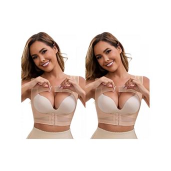 2 Packs Women's Double Front Closure Push-Up Shapewear Wide Straps Band Posture Corrector Tank