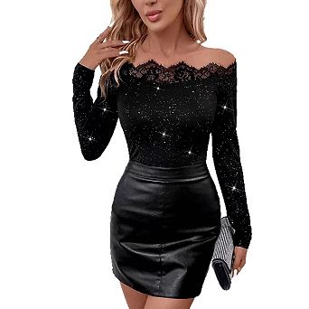 Women's Sparkly Off The Shoulder Tops Long Sleeve Lace Trim Glitter Elegant Tee Shirts