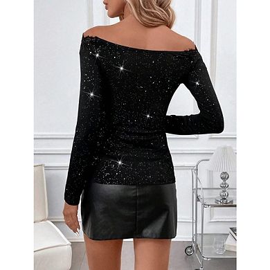 Women's Sparkly Off The Shoulder Tops Long Sleeve Lace Trim Glitter Elegant Tee Shirts