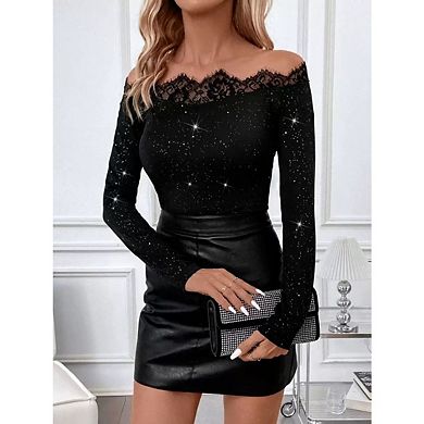 Women's Sparkly Off The Shoulder Tops Long Sleeve Lace Trim Glitter Elegant Tee Shirts
