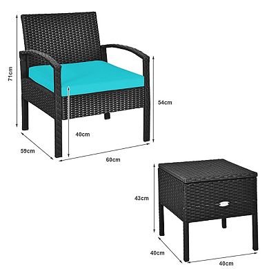 3 Piece PE Rattan Wicker Patio Sofa Set with Cushions and Storage Table Turquoise