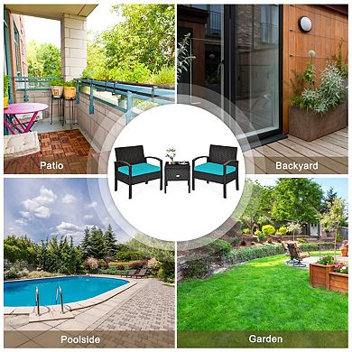 3 Piece PE Rattan Wicker Patio Sofa Set with Cushions and Storage Table Turquoise