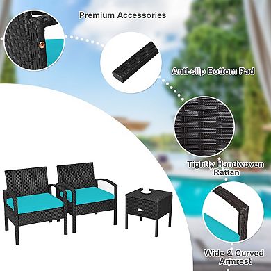 3 Piece PE Rattan Wicker Patio Sofa Set with Cushions and Storage Table Turquoise