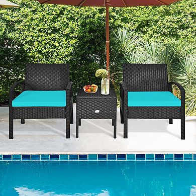 3 Piece PE Rattan Wicker Patio Sofa Set with Cushions and Storage Table Turquoise