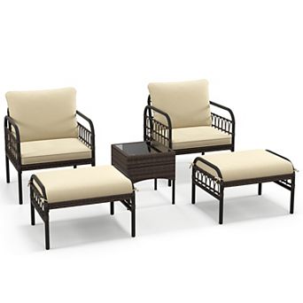 5 pc Patio Conversation Set with Ottomans and Coffee Table Beige