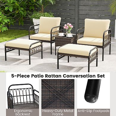 5 Piece Patio Conversation Set with Ottomans and Coffee Table Beige